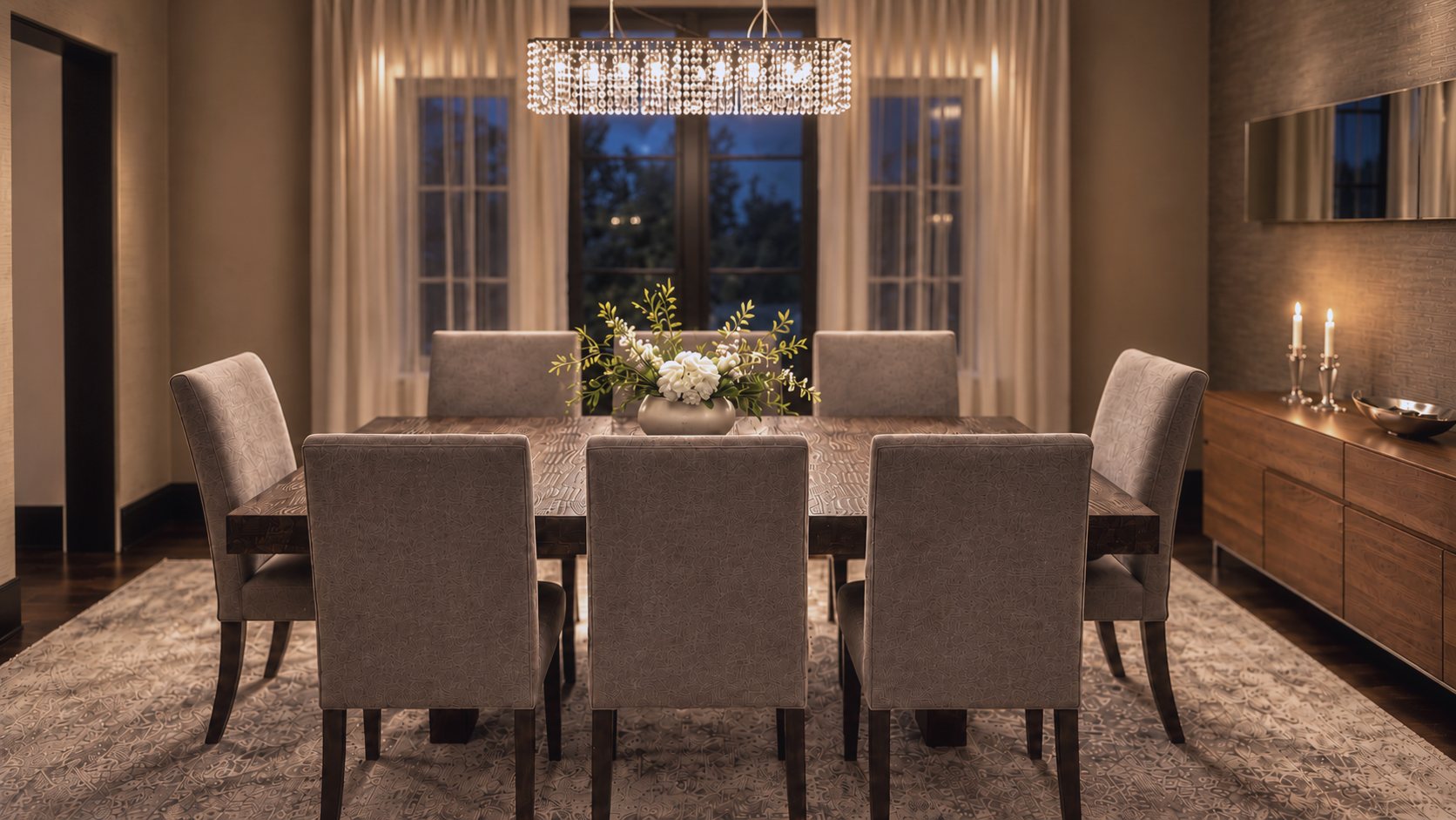 A dining room at night under a crystal chandelier