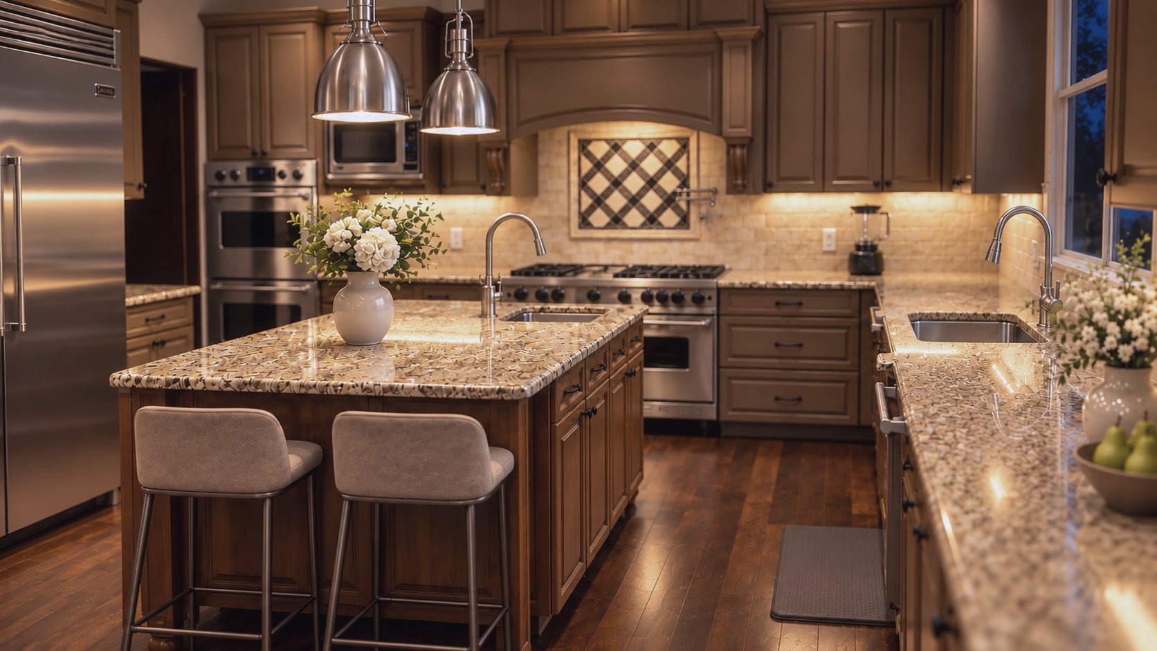 A kitchen at night under pendant lights and under-cabinet lighting