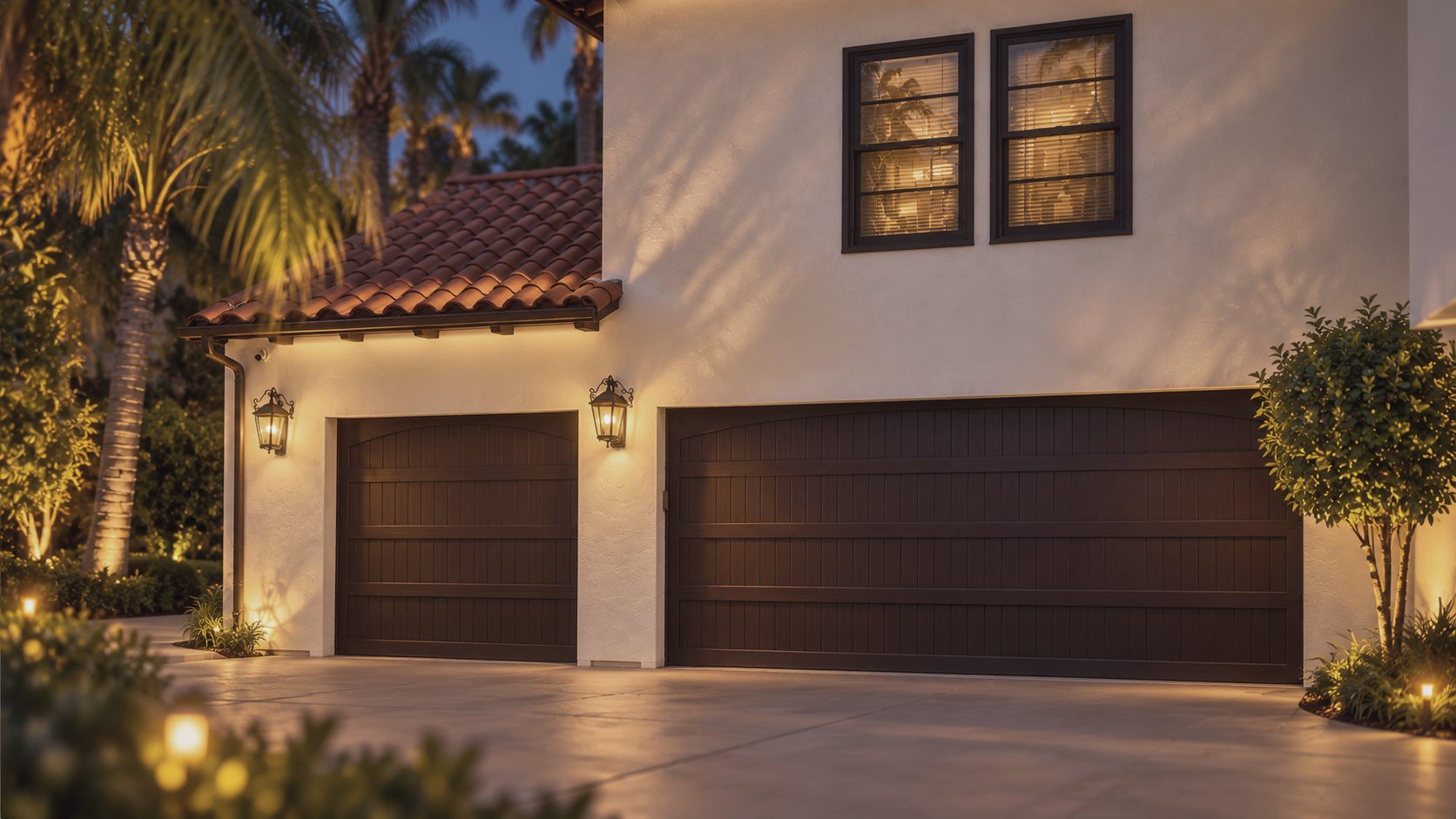 A garage at night with its lanterns and garden lights on